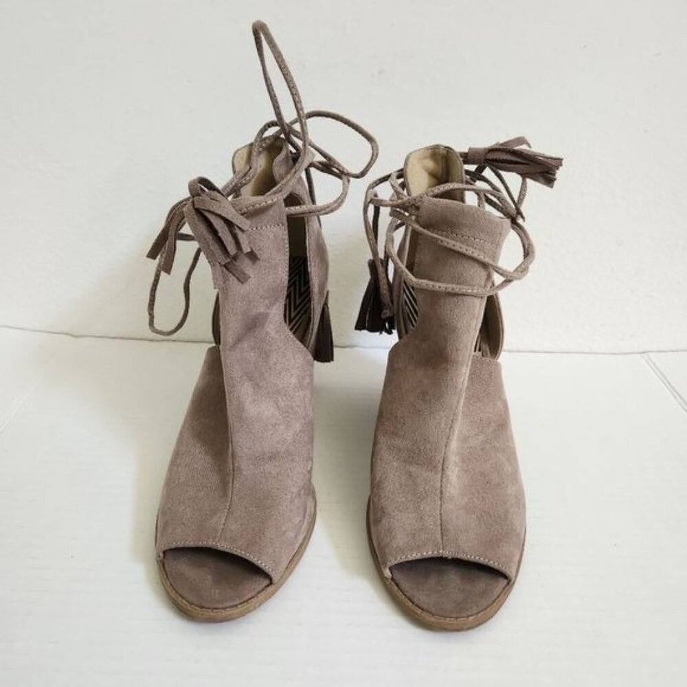 QUPID Stacked Heel Peep Toe Ankle Tie Booties Shoe Sandal 7.5 - Picture 3 of 10